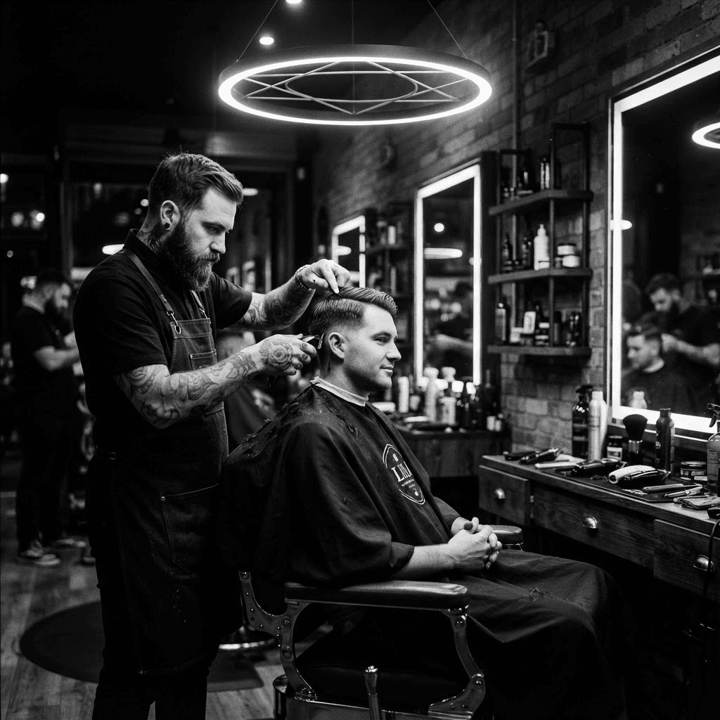 Stylist đang tạo kiểu tóc trong không gian Modern HairStudio